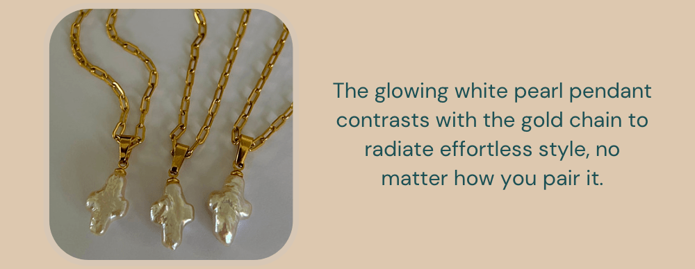 The glowing white pearl pendant contrasts with the gold chain to radiate effortless style, no matter how you pair it. 